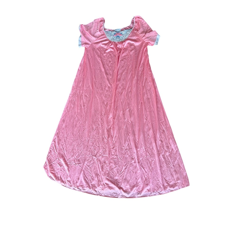 Vintage Secret Accents Pink Satin Nightgown Floral Pajama Dress Maxi USA Made